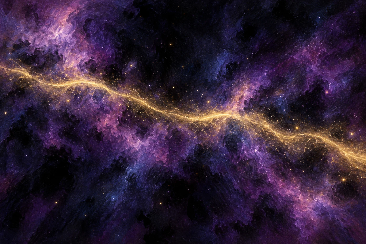 Onda luminosa amarilla entre estrellas imaginarias violetas, ilustración IA sin datos ni nave de Voyager.