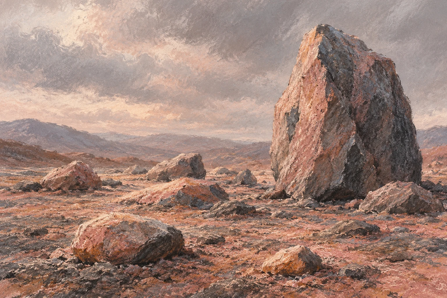 Piedras de tamaños distintos en paisaje inventado al pastel, ilustración IA sin resultados medidos de modelos.