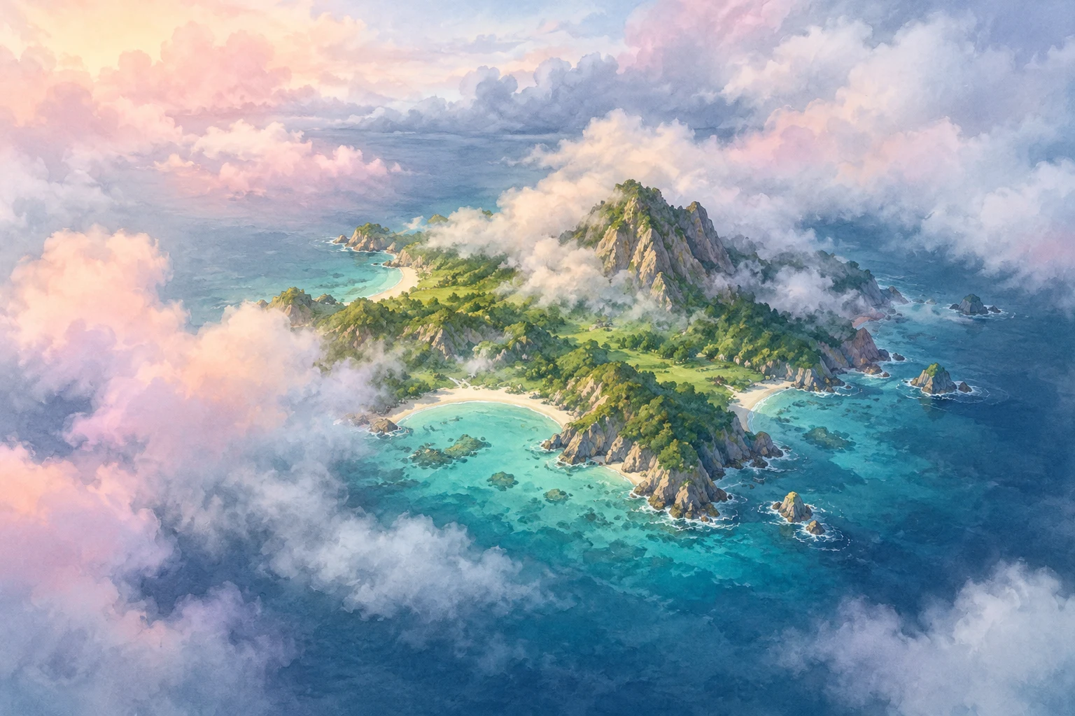 Isla imaginaria parcialmente cubierta por nubes en acuarela aérea generada con IA; sin mapa real, medición o cobertura de localización.