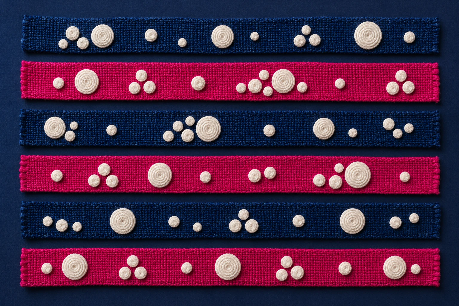 Seis tiras textiles con círculos bordados inventados, ilustración IA fucsia y azul marino como metáfora de grupos; no representa datos o resultado de un algoritmo.