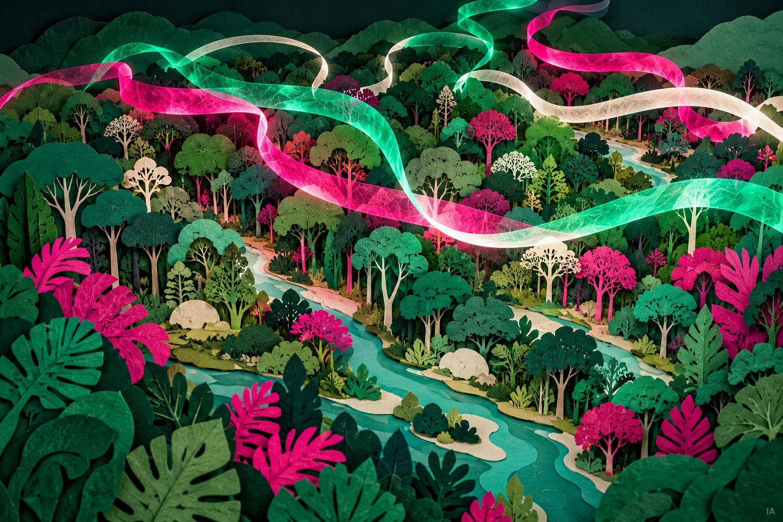 Bosque imaginario y cintas luminosas abstractas en collage generado con IA; no son mapa lidar, datos de vuelo ni reproducción del instrumento CASALS.