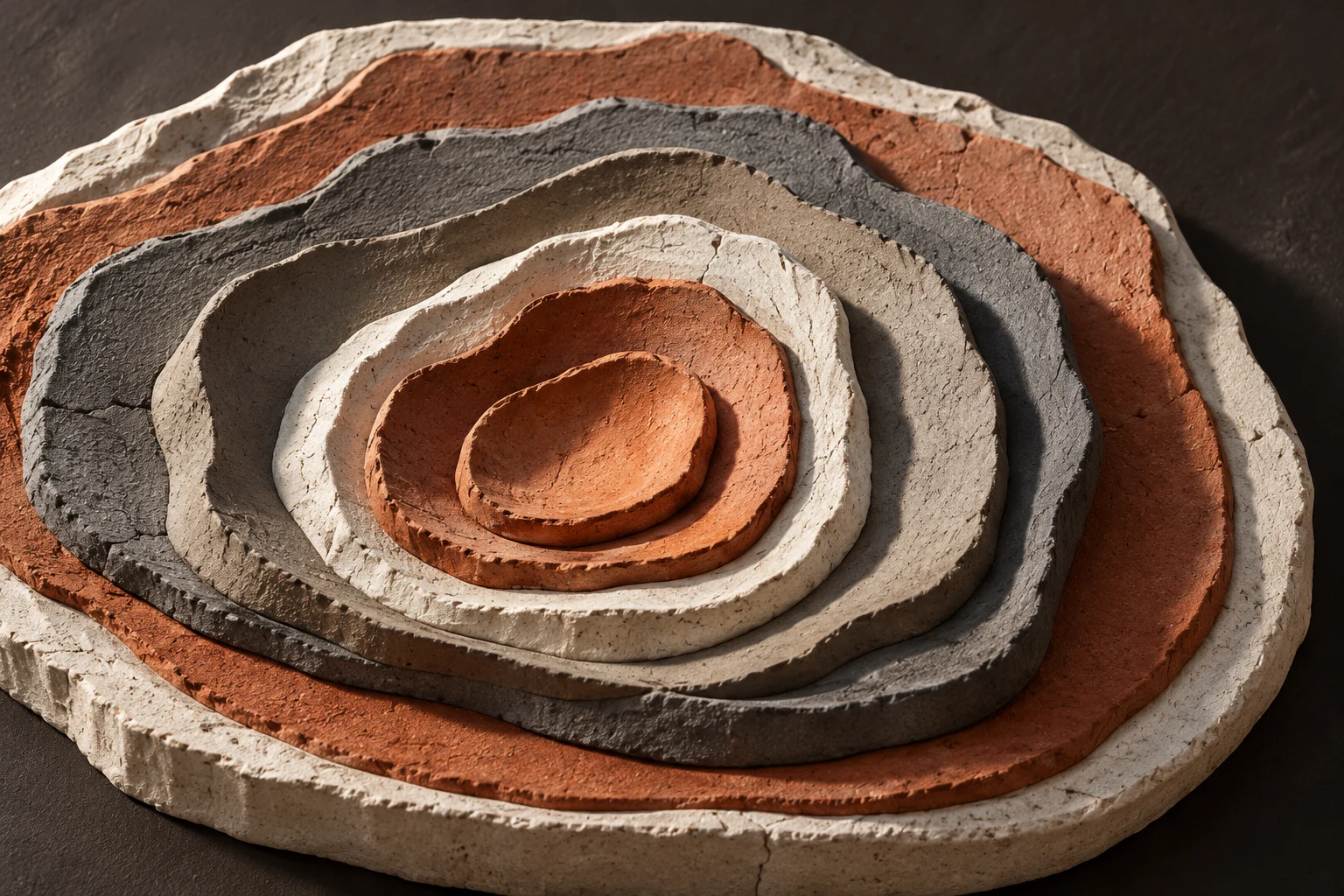 Anillos de cerámica imaginarios en relieve terracota, gris y blanco, ilustración IA; no son mapas, datos atmosféricos ni representación de un sensor de Copernicus.