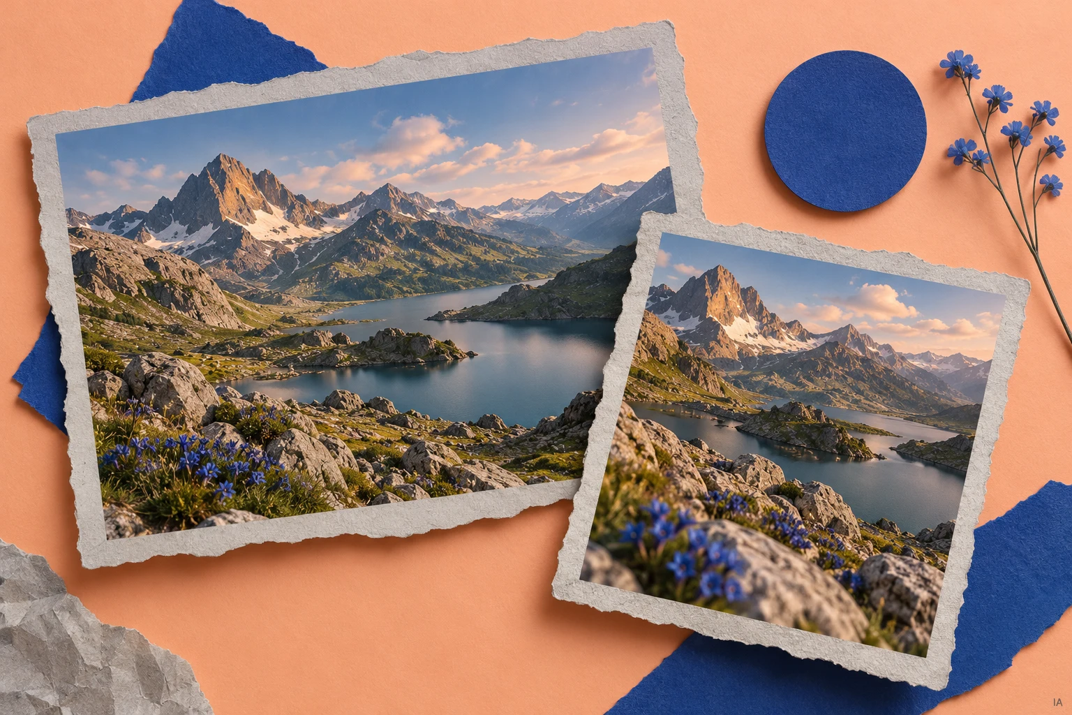 Ilustración IA conceptual: dos encuadres de un paisaje inventado. Escena inventada; no documenta hechos, datos, productos probados ni obras o sedes reales.