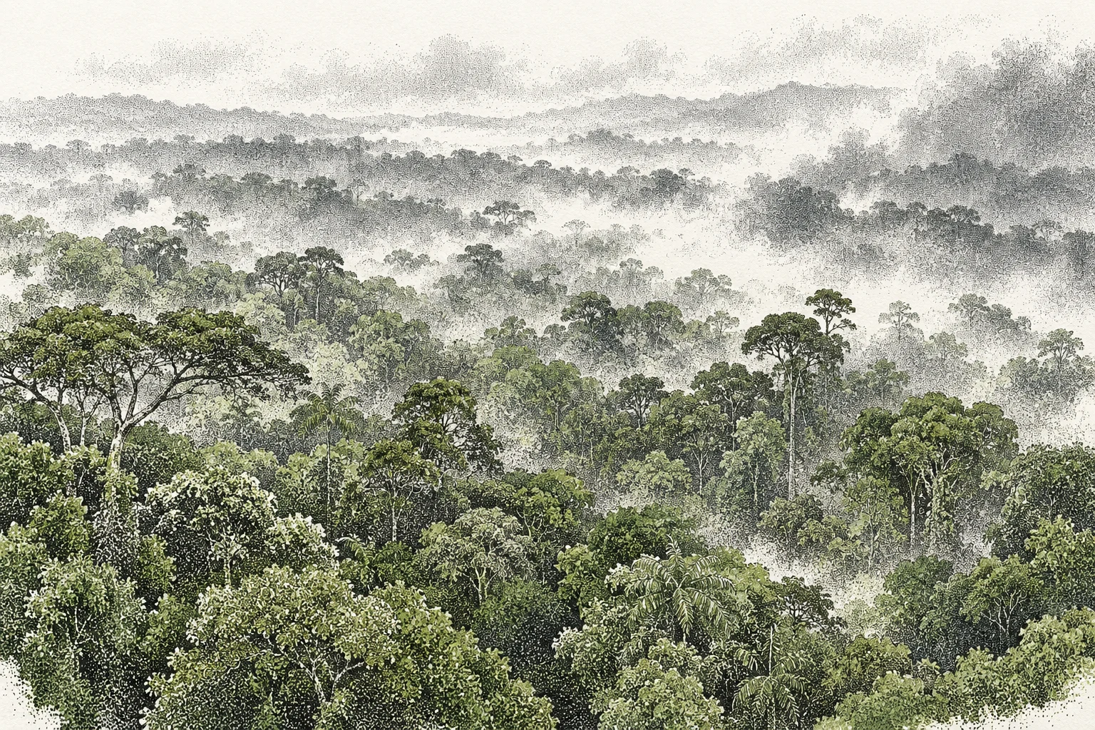 Ilustración IA: copas de bosque ficticio y bruma imaginaria. No representa el lugar ni observaciones o resultados reales.