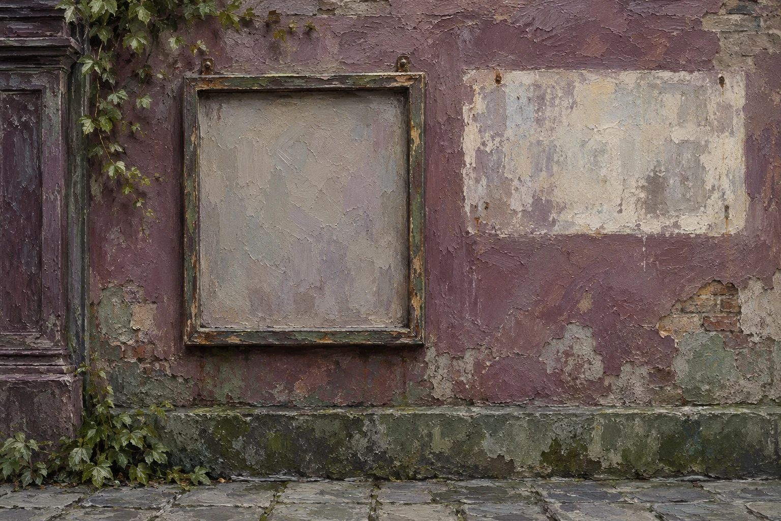 Ilustración IA: marco vacío y huella descolorida en pared imaginaria, pintados al óleo; no representa un resultado Google o una página real.