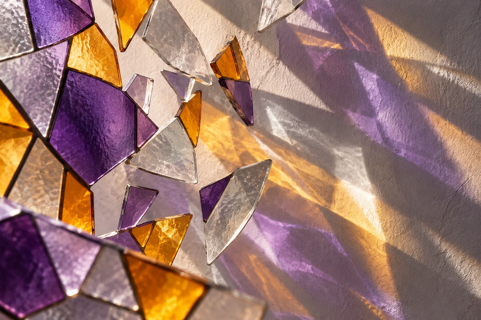 Ilustración IA: fragmentos translúcidos y sus reflejos sobre una pared imaginaria sin escala. Composición imaginaria, no documenta personas, datos, pruebas o hechos reales.