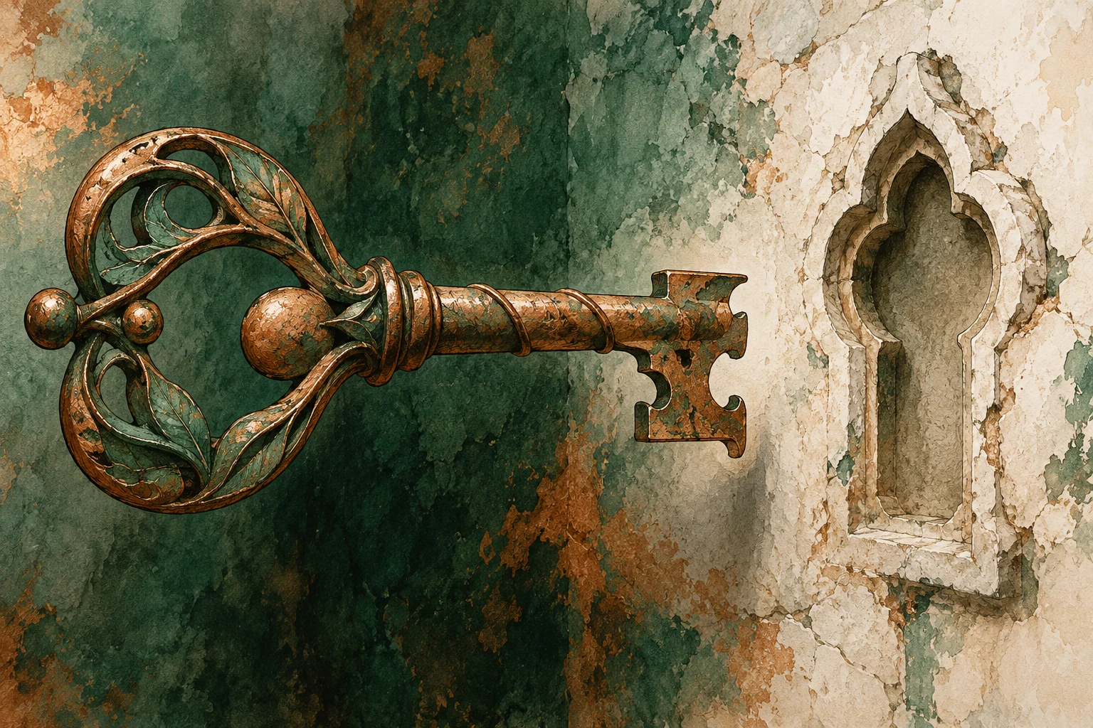 Ilustración IA: llave metálica imaginaria sin código junto a relieve vacío, no credencial de cifrado. Composición imaginaria, no documenta personas, datos, pruebas o hechos reales.