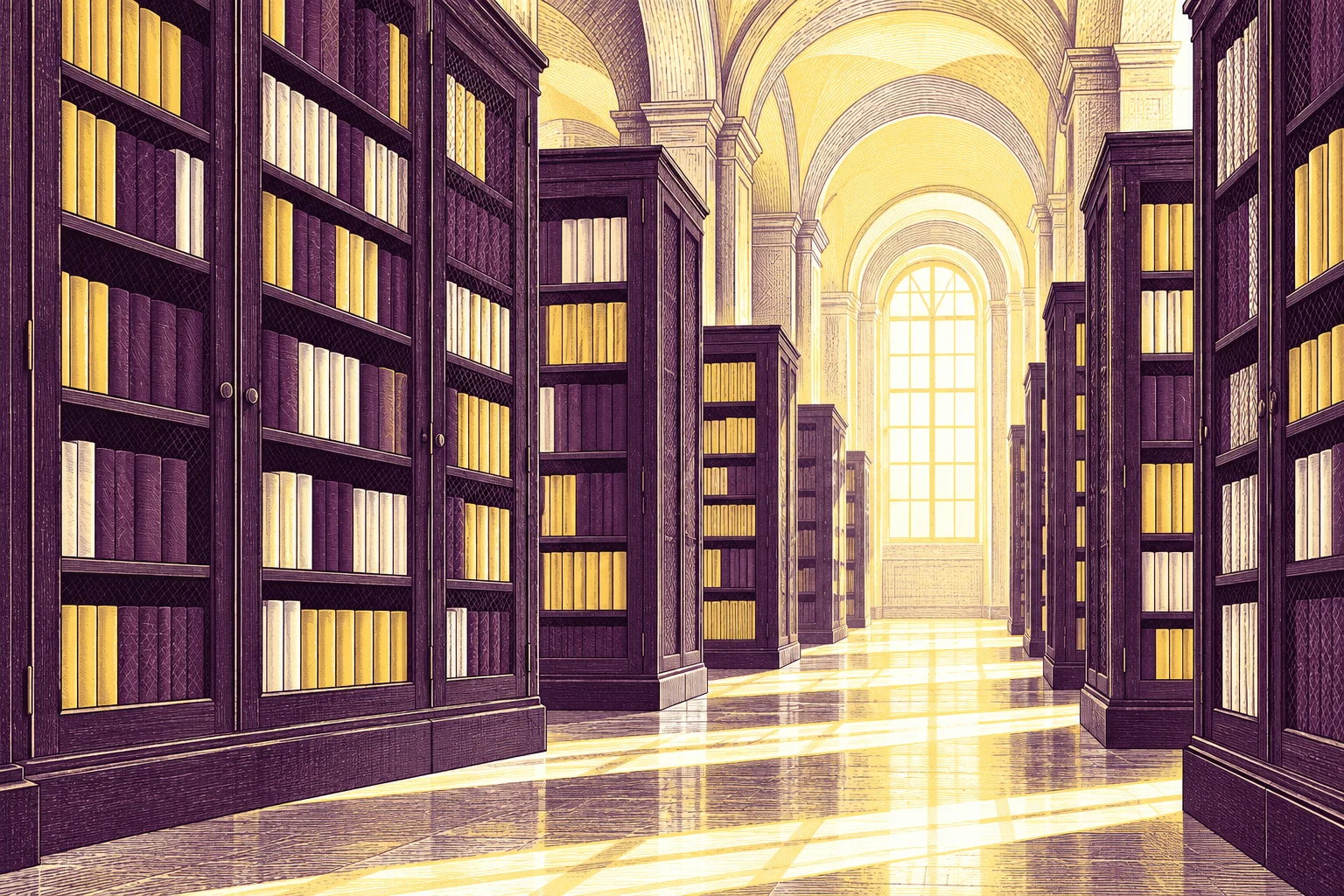 Ilustración IA: depósito bibliográfico ficticio con cubiertas lisas sin títulos, candados ni ordenadores. Composición imaginaria, no documenta personas, datos, pruebas o hechos reales.