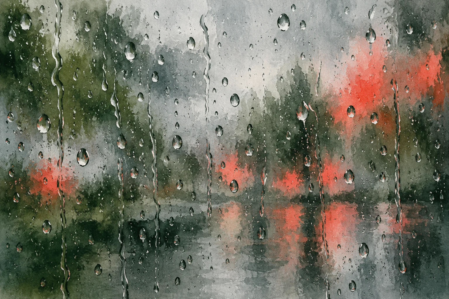 Ilustración IA: gotas imaginarias en ventana con reflejo abstracto sin mapa de alertas, lluvia medida ni zona reconocible. Composición imaginaria, no documenta personas, datos, pruebas o hechos reales.