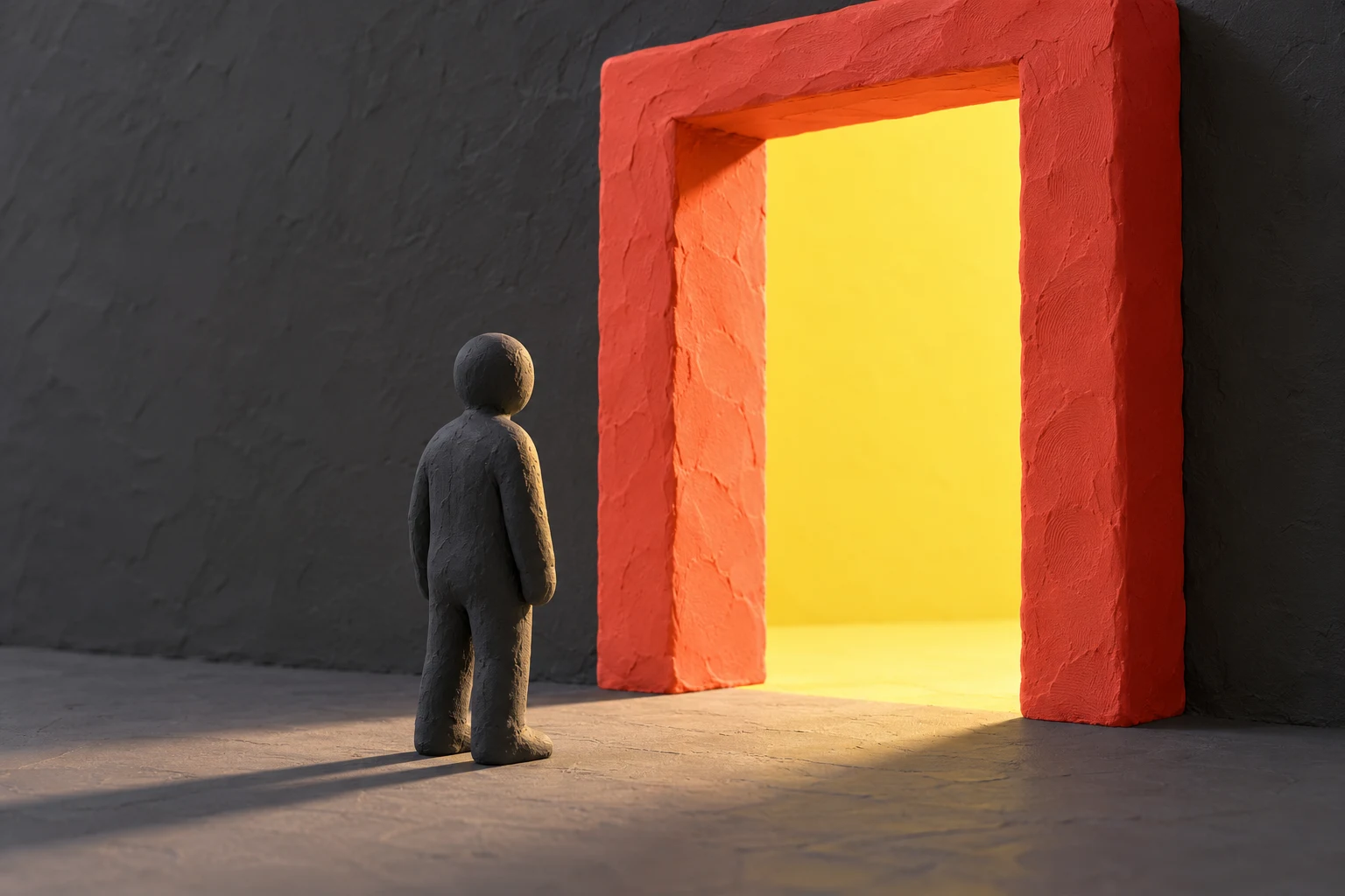 Ilustracion IA: figura ficticia de plastilina ante un umbral coral iluminado; no representa una persona real, interfaz ni un permiso concedido.