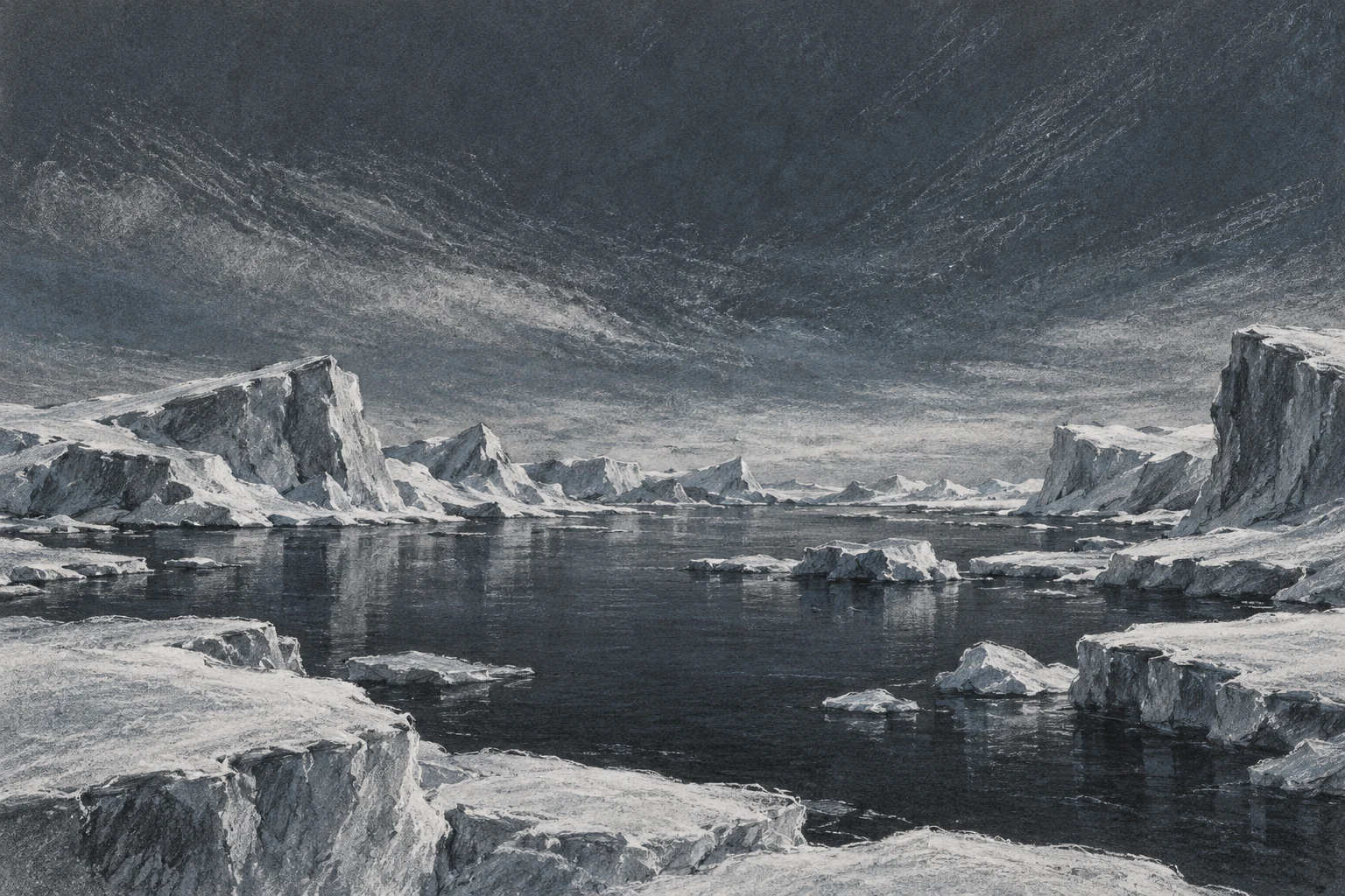 Ilustración IA de hielo y nieve dibujados con tiza sobre fondo oscuro; paisaje polar imaginario sin escala ni mediciones.