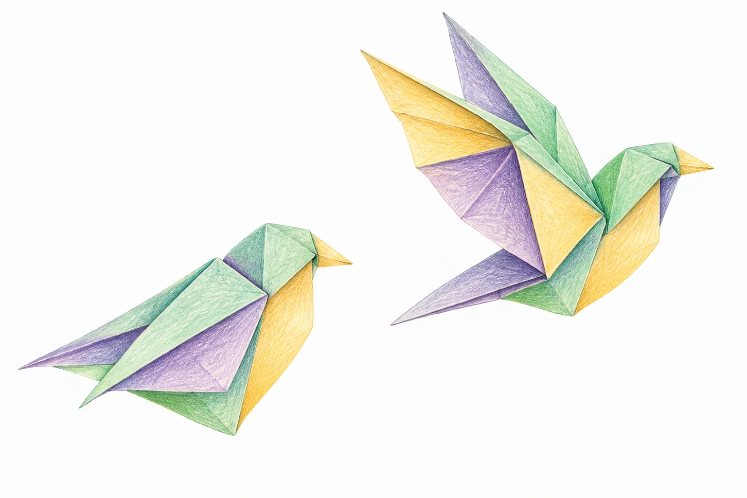 Dos pájaros imaginarios de papiroflexia con alas recogidas y desplegadas, dibujados a lápiz de color; ilustración IA conceptual, no interfaz o prueba de Android.