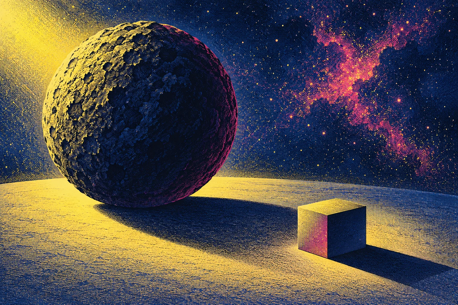 Esfera rugosa y cubo imaginarios proyectan sombras en un grabado de color; ilustración IA conceptual, sin nave, diseño de NEO Surveyor, órbita o señal medida.