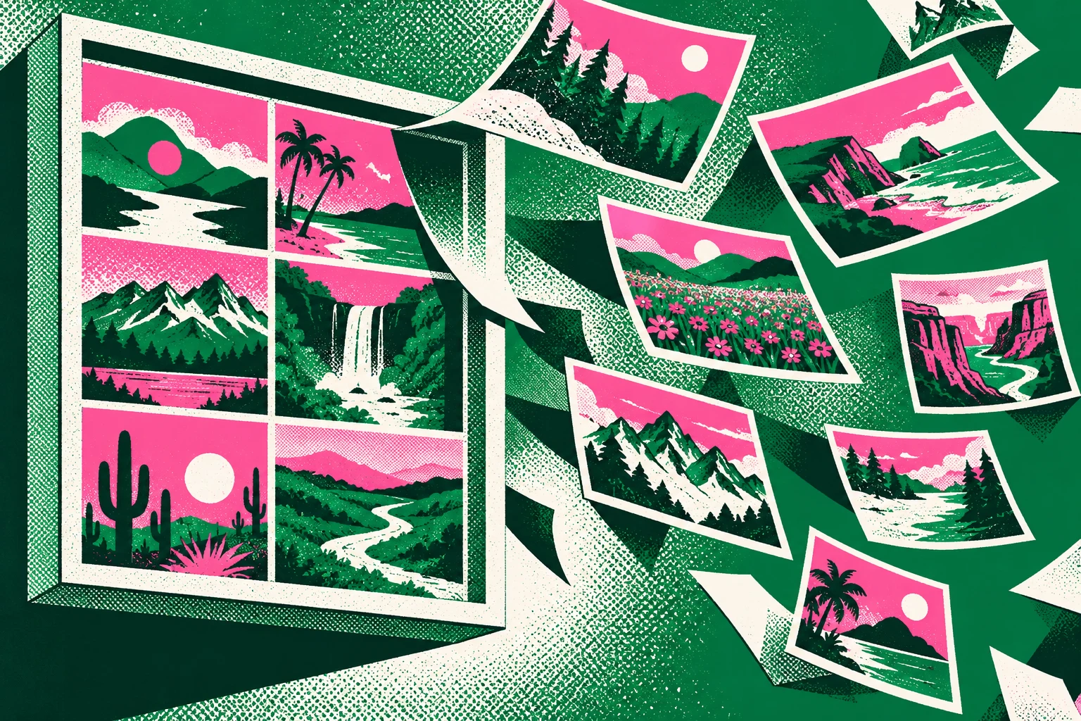 SerigrafÃ­a conceptual de paisajes inventados en capas; no contiene fotografÃ­as personales.