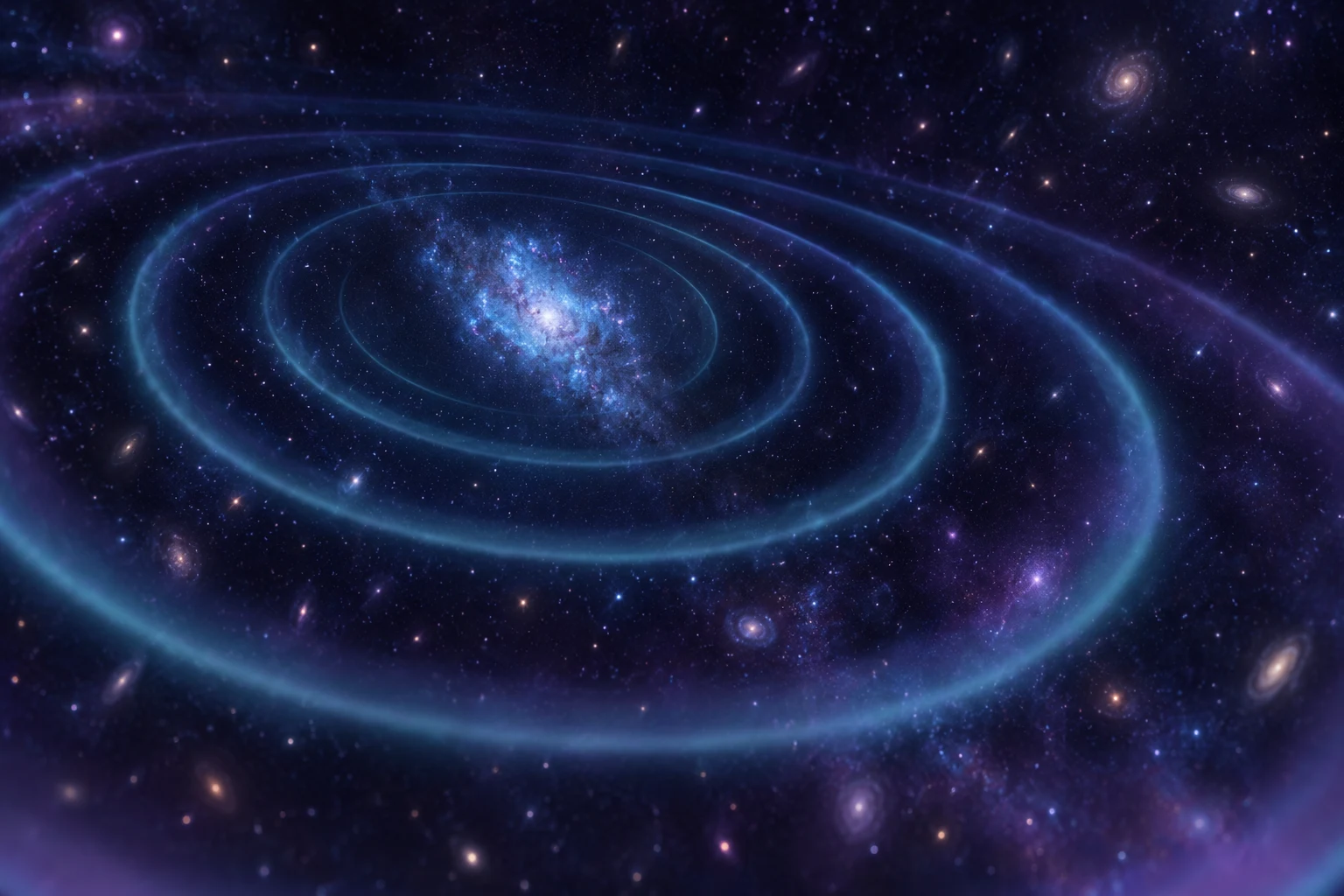 Concepto artístico de una galaxia azul y ondas de radio sobre un fondo de estrellas